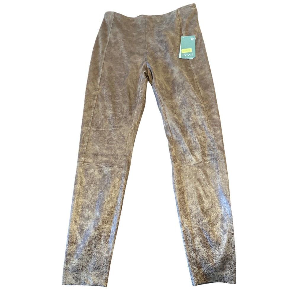 Lysse Womens High Waist Faux Suede Metallic‎ Foil Leggings Brown Gold Large NWT